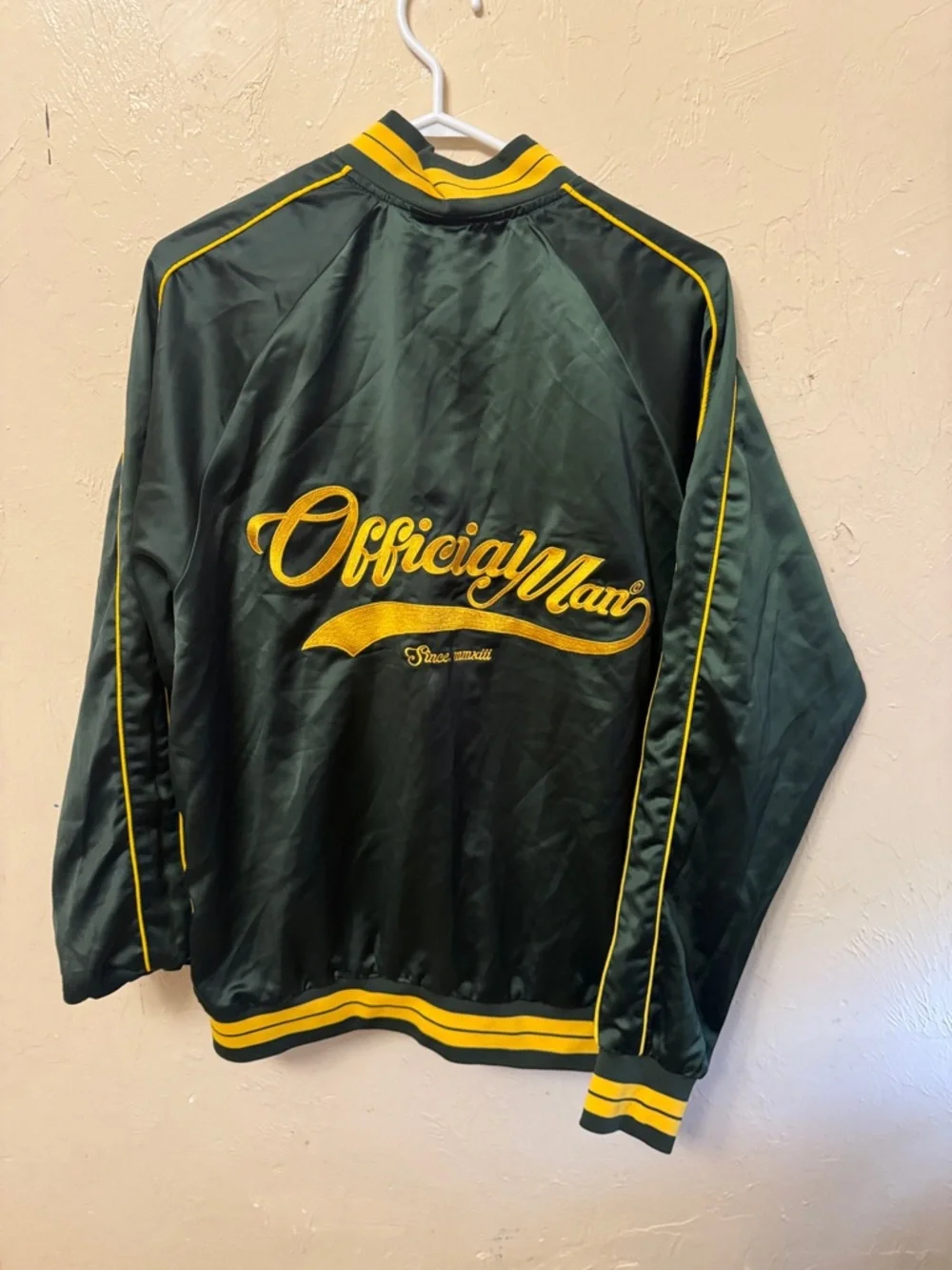 Official Man Green Satin Bomber Jacket with Yellow Trim - Picture 3 of 3